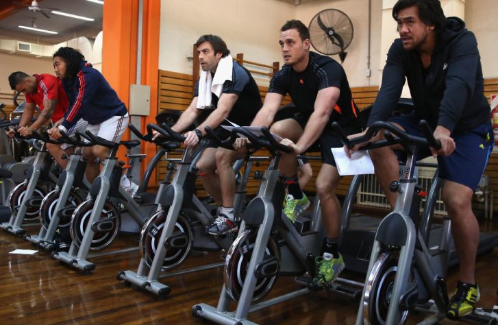 BUENOS AIRES, ARGENTINA - SEPTEMBER 23:  (R-L) Steven Luatua, Israel Dagg, Conrad Smith and Ma'a Nonu, warm up on exercise bikes during a New Zealand All Blacks gym session on September 23, 2013 in Buenos Aires, Argentina.  (Photo by David Rogers/Getty Images)